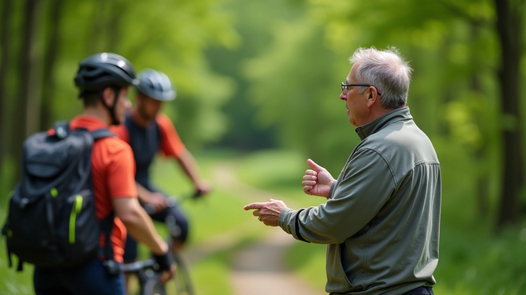 Průvodce v skupině cyklistů v přírodě