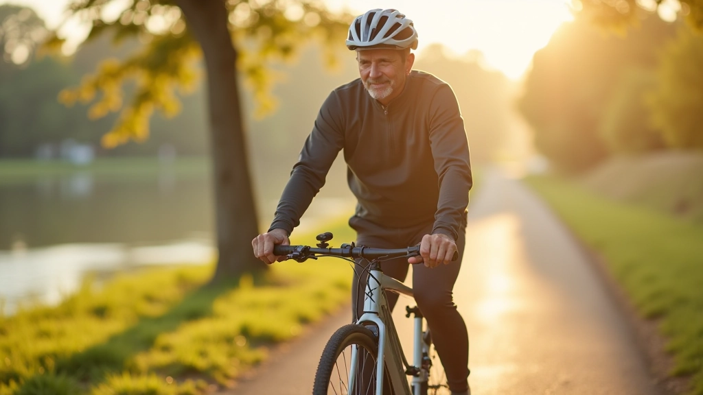 Cyklista v pohodlném sportovním oblečení na kole na cestě podél řeky