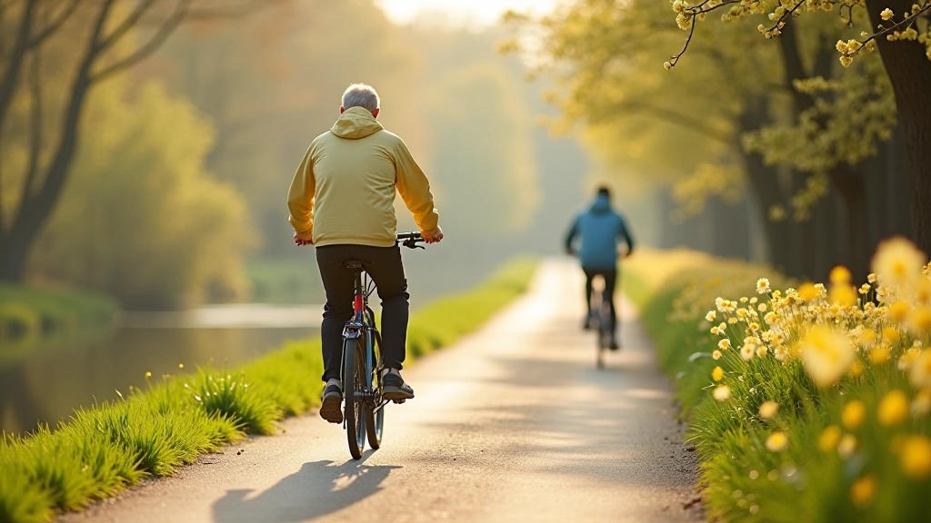 Cyklista v lehké bundě jedoucí po kanálu během jara s květinami na břehu