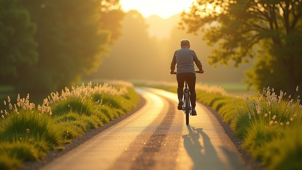 Cyklista jedoucí po rovné kanálové stezce s reflexem ve vodě