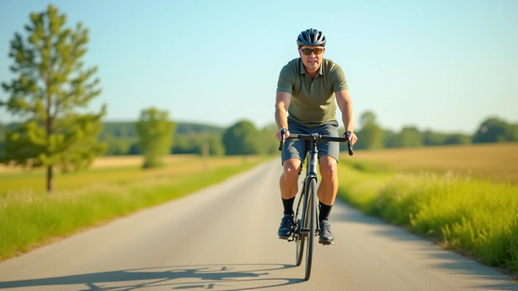 Cyklista v bezpečnostní přilbě jedoucí po asfaltové cestě skrz zelenou krajinu
