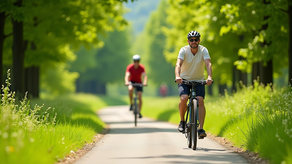 Cyklisté jedoucí po krásné cyklostezce podél vody s přírodou v pozadí