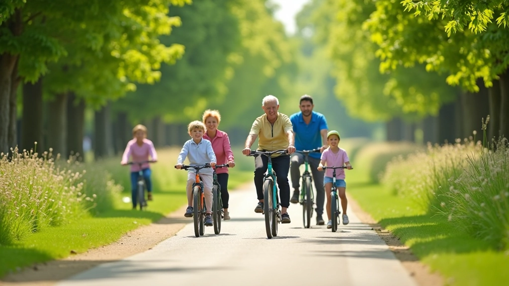 Skupiny cyklistů jedoucích po kanálové stezce s rodinnými vozítky v pozadí