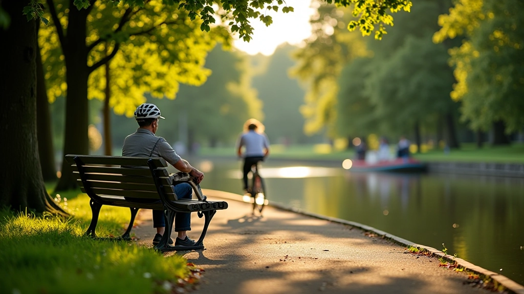 Lavička s odpočívajícím cyklistou a výhledem na vodní hladinu kanálu