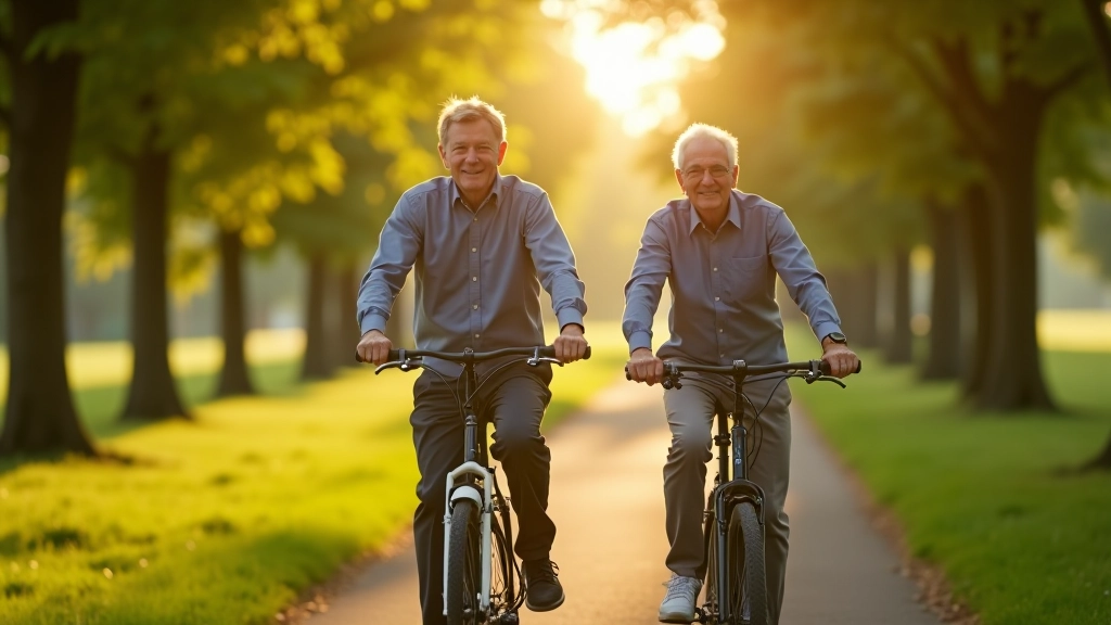 Pár seniorů se radostí jede na kole podél Baťova kanálu v přírodě
